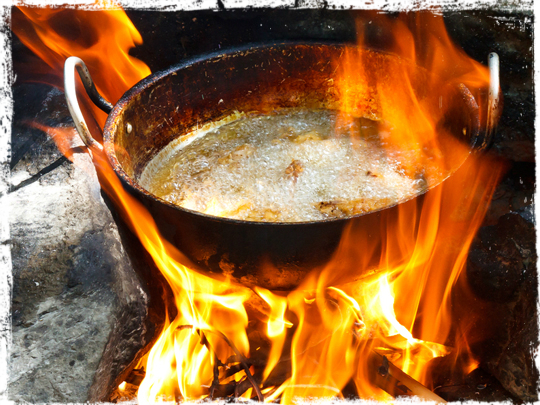 frying pan in camp fire